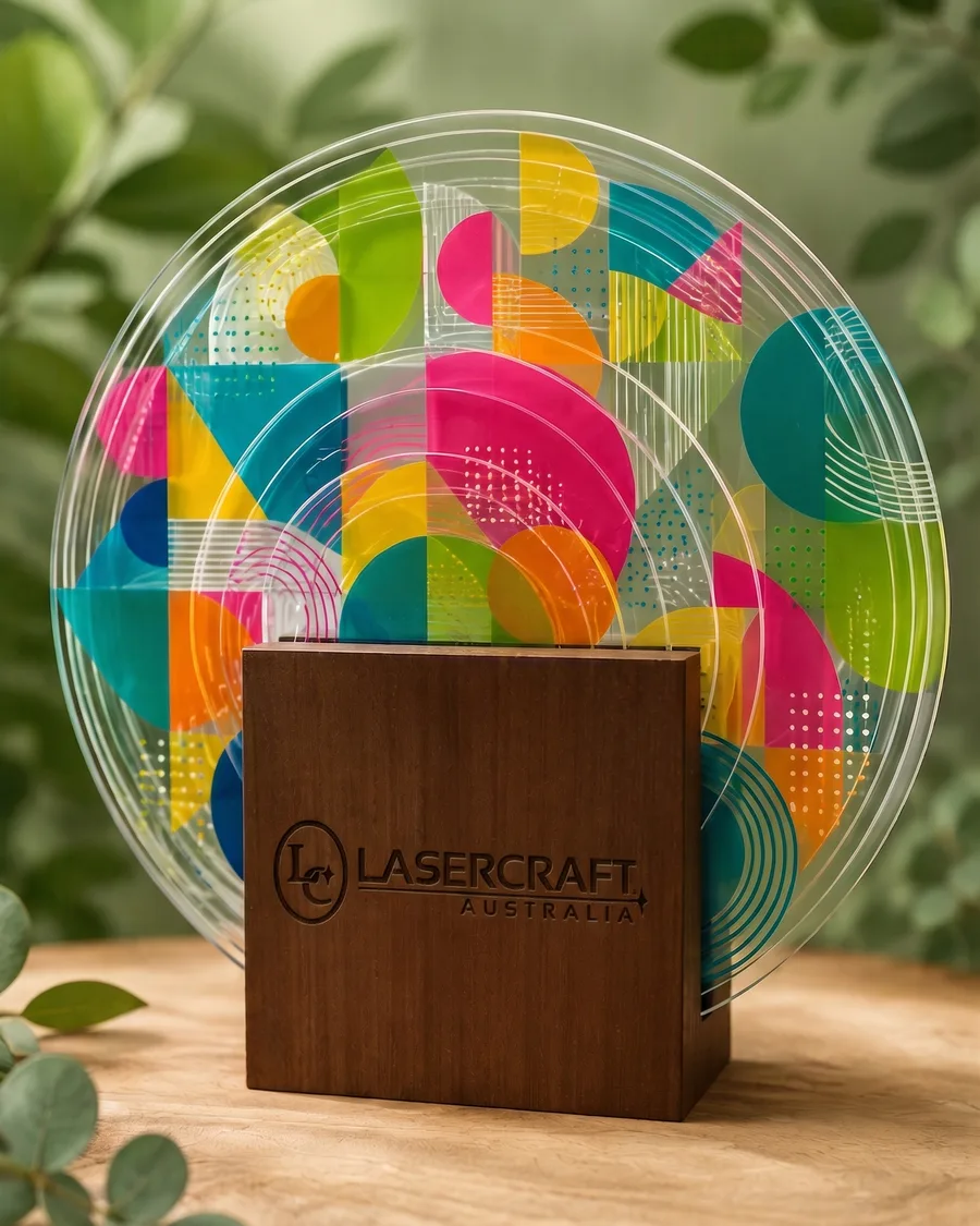 A bespoke award: a clear acrylic disc printed with bright geometric shapes, set into a walnut block engraved with the Lasercraft Australia mark