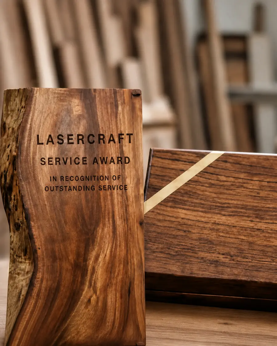 A live edge timber award engraved Lasercraft Service Award, beside a timber presentation box on a workshop bench